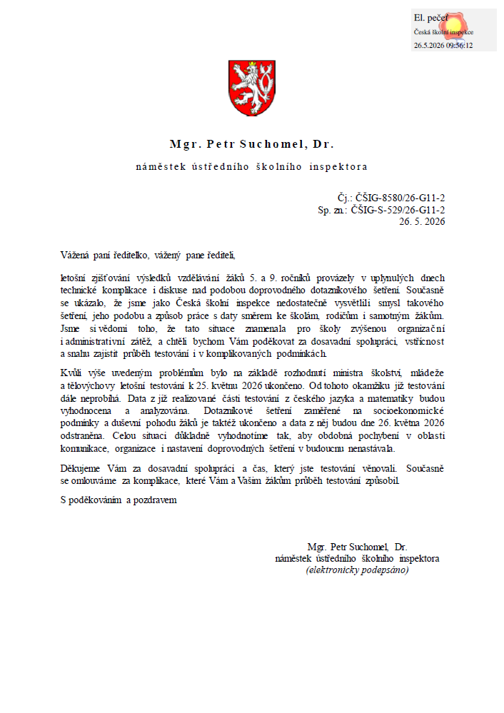 Zastavení letošního testování žáků 5. a 9. ročníků