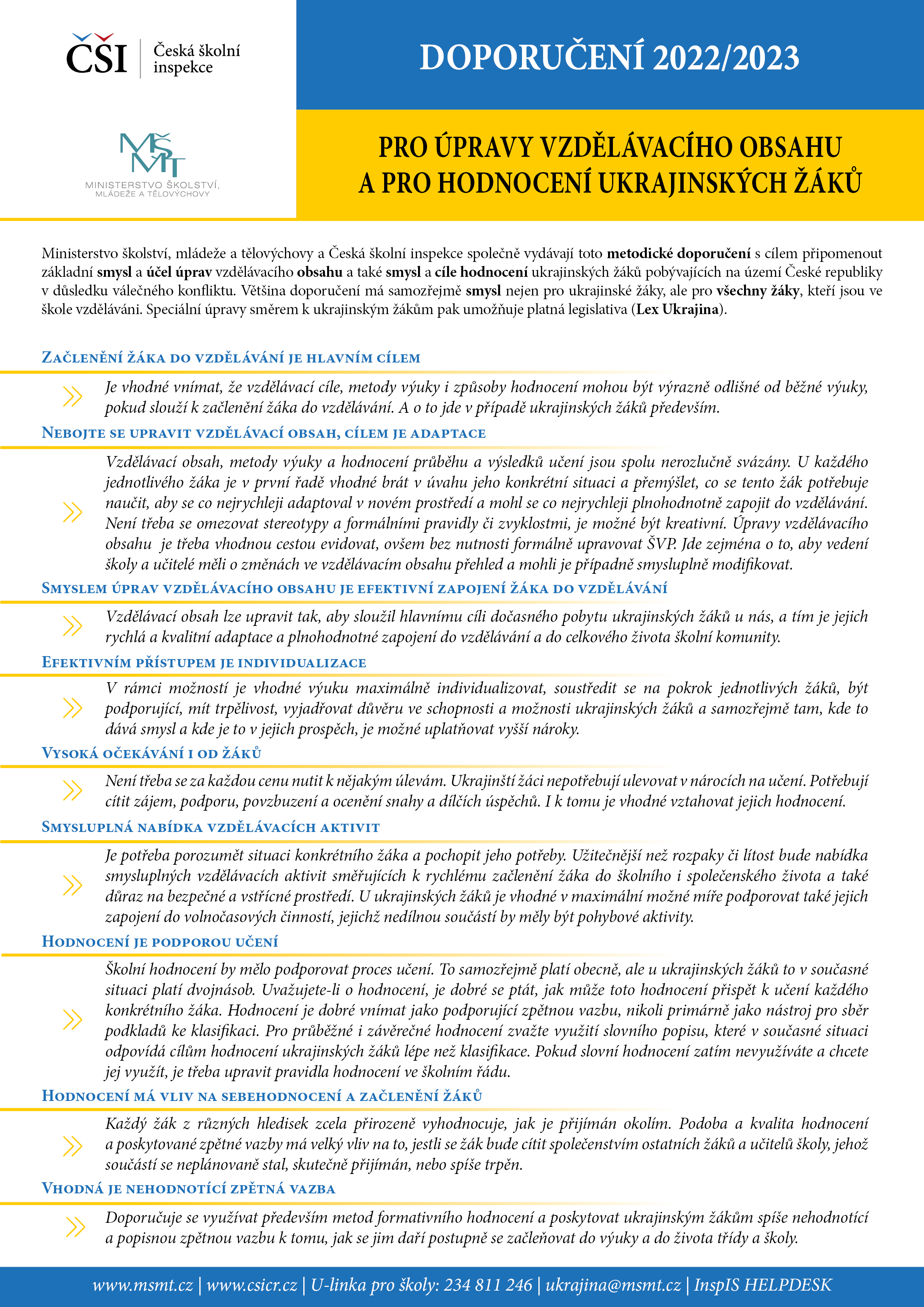 Doporučení pro úpravy vzdělávacího obsahu a hodnocení ukrajinských žáků