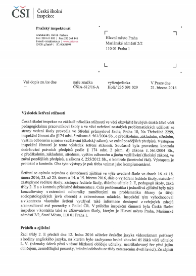 Výsledek šetření – šikana na Střední průmyslové škole, Praha 10, Na Třebešíně 2299